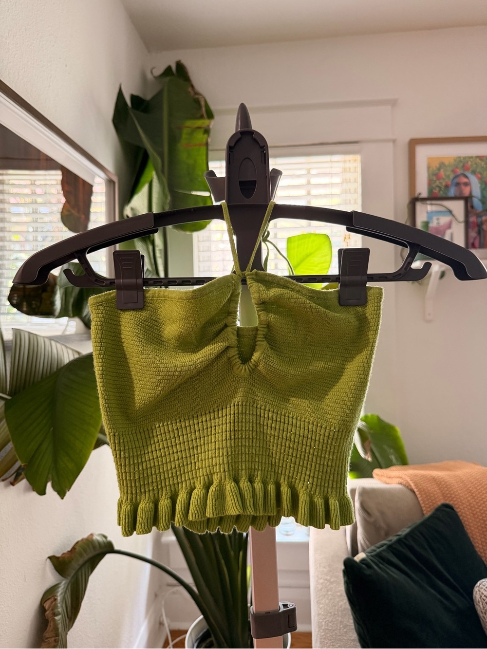 Green Knit Ruffle-Trim Crop Top with Front Keyhole